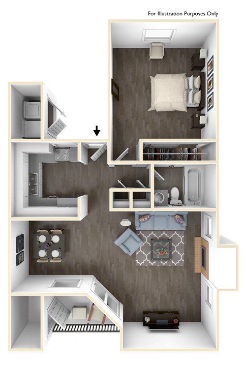 Floor plan for 1 bed, 1 bath, 710 sqft
